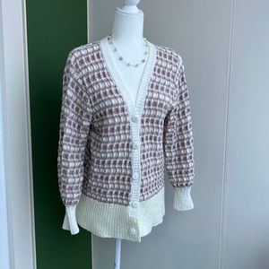 Vintage 70s Bishop Sleeve Beige and Cream Knit Cardigan